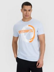 4F T-shirt regular z nadrukiem męski - niebieski L. Niebieskie koszulki sportowe męskie 4f, l, bez wzorów, z bawełny, klasyczne, bez kołnierzyka. W wyprzedaży za 39.99 zł.