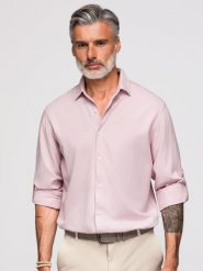 Wiskozowo-lniana koszula męska o kroju regular - pastelowy róż V3 - Rozmiar: L. Czerwone koszule męskie Ombre Clothing, l, bez wzorów, z denimu, biznesowe, bez kołnierzyka, bez ramiączek. Za 289.99 zł.