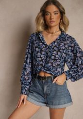 Czarna Koszula o Klasycznym Kroju w Kwiatowy Wzór Divliana. Czarne bluzki damskie Renee, l, bez wzorów, eleganckie, bez kołnierzyka, bez ramiączek. Za 89.99 zł.