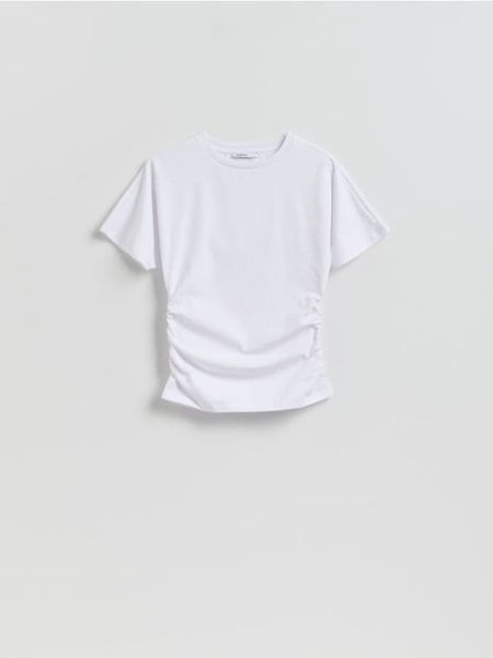 Taliowany t-shirt - biały. Białe t-shirty damskie Reserved, l, bez wzorów, z bawełny, bez kołnierzyka. Za 69.99 zł.