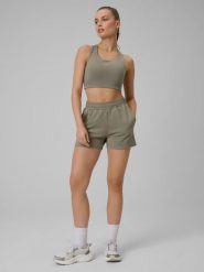 4F Spodenki treningowe szybkoschnące damskie - oliwkowe L. Brązowe szorty damskie 4f, l, bez wzorów, z podwyższonym stanem. Za 99.99 zł.