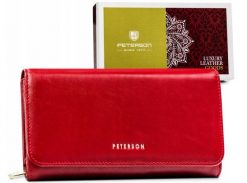 Portfel skórzany Peterson PTN 421077-SG czerwony. Czerwone portfele damskie Peterson, z aplikacjami, ze skóry. Za 222.37 zł.
