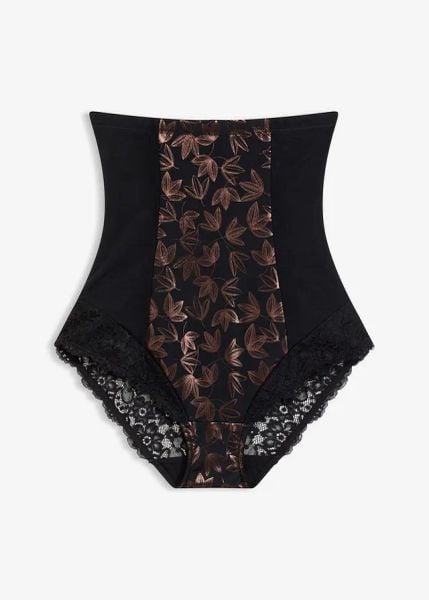 Silnie modelujące stringi z wysokim stanem i połyskiem. Czarne bielizna wyszczuplająca bonprix, bez wzorów. Za 84.99 zł.