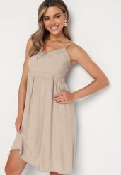 Beżowa Sukienka z Wiskozy na Cienkich Ramiączkach z Regulacją Ozdobiona Lampasem i Haftem Nelrissa. Brązowe sukienki damskie Born2be, na imprezę, na lato, m, bez wzorów, z wiskozy, bez kołnierzyka, bez ramiączek. Za 59.99 zł.