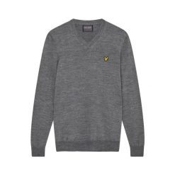 Sweter z dekoltem w kształcie litery V Lyle & Scott. Szare kurtki męskie LYLE AND SCOTT, bez wzorów, eleganckie, bez kaptura. Za 410.45 zł.