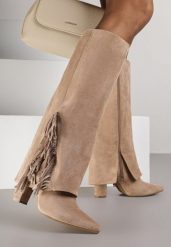 Ciemnobeżowe Kozaki na Słupkowym Obcasie z Cholewką Imitującą Nogawkę z Frędzlami Linafela. Brązowe kozaki damskie Renee, z koronki, bez obcasa, na obcasie. Za 169.99 zł.