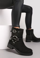Czarne Botki Biker z Klamerkami Noli. Czarne botki damskie Renee, bez obcasa, na płaskiej podeszwie, bez zapięcia. Za 159.99 zł.