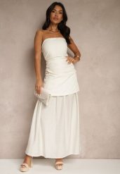 Beżowa Sukienka Koktajlowa z Dekoltem Bandeau Ozdobiona Marszczeniem Folimmea. Brązowe sukienki damskie Renee, m, bez wzorów, eleganckie, bez kołnierzyka, bez ramiączek, maxi, kopertowe. Za 119.99 zł.