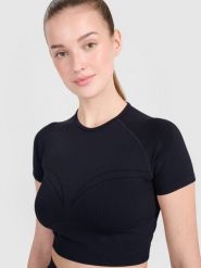 4F Crop-top treningowy slim bezszwowy damski - czarny XS/S. Czarne koszulki sportowe damskie 4f, s, bez wzorów, z dzianiny, bez kołnierzyka, bez ramiączek, do biegania. W wyprzedaży za 39.99 zł.