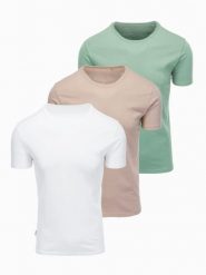 Zestaw męskich koszulek bawełnianych BASIC z okrągłym dekoltem – szarozielony/biały/beżowy V14 - Rozmiar: M. Szare t-shirty męskie Ombre Clothing, m, bez wzorów, z bawełny, biznesowe, bez kołnierzyka. Za 139.99 zł.