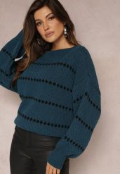 Granatowy Sweter z Szerokimi Bufiastymi Rękawami i Drobnym Wzorem Nigistis. Niebieskie swetry damskie Renee, z aplikacjami, z dzianiny, casualowe, bez kołnierzyka, bez ramiączek, długie, bez kaptura. Za 69.99 zł.