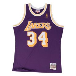 Koszulka NBA Los Angeles Lakers Shaquille O'Neal. Fioletowe koszulki sportowe męskie Mitchell & Ness, bez wzorów, bez kołnierzyka, bez ramiączek, do koszykówki. Za 535.50 zł.