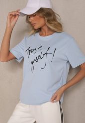 Jasnoniebieski T-shirt Zdobiony Napisem z Brokatem Tezilea. Niebieskie bluzki damskie Renee, s, z aplikacjami, z jeansu, bez kołnierzyka. Za 29.99 zł.