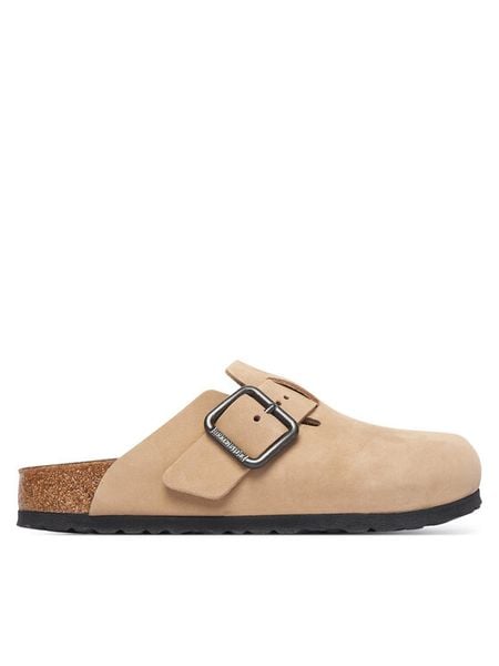 Birkenstock Klapki Boston Wire Buckle 1031573 Beżowy jasny. Brązowe klapki damskie Birkenstock, bez wzorów, z nubiku, bez obcasa. Za 779.99 zł.