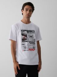 4F T-shirt regular z nadrukiem męski - biały XL. Białe koszulki sportowe męskie 4f, m, bez wzorów, z bawełny, bez kołnierzyka, bez ramiączek. Za 79.99 zł.