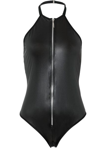 Body ze stringami ouvert z materiału z efektem wetlook. Czarne body damskie bonprix, bez wzorów. Za 99.99 zł.