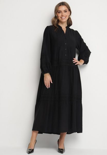 Czarna Rozkloszowana Sukienka z Wiskozy z Koronkowymi Wstawkami Nalanieth. Czarne sukienki damskie Born2be, na co dzień, l, bez wzorów, z koronki, eleganckie, bez kołnierzyka, bez ramiączek, maxi, kopertowe. Za 139.99 zł.