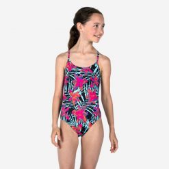 Kostium kąpielowy jednoczęściowy dla dzieci Olaian 100 Hiloe Tropical. Stroje kąpielowe dla dziewczynek Decathlon, bez wzorów, z elastanu. Za 19.99 zł.