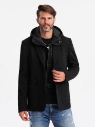 Marynarka męska z podpinką z wysokim kołnierzem i kapturem – czarna V2 OM-BLZB-0133 - XXL. Niebieskie marynarki męskie Ombre Clothing, z aplikacjami, z dzianiny, eleganckie. Za 251.99 zł.