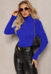 Granatowy Golf z Dzianiny z Długim Włosem i Dodatkiem Wełny Gerdonna. Niebieskie swetry damskie Renee, na jesień, bez wzorów, z dzianiny, bez kołnierzyka, bez ramiączek, długie, bez kaptura. Za 59.99 zł.