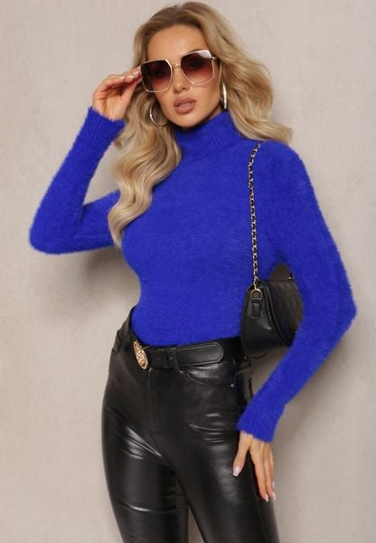 Granatowy Golf z Dzianiny z Długim Włosem i Dodatkiem Wełny Gerdonna. Niebieskie swetry damskie Renee, na jesień, bez wzorów, z dzianiny, bez kołnierzyka, bez ramiączek, długie, bez kaptura. Za 59.99 zł.