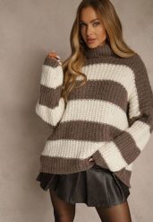 Brązowy Golf z Wiskozą i Wełną Ozdobiony Motywem Pasków Monorra. Brązowe swetry damskie Renee, bez wzorów, z jeansu, bez kołnierzyka, bez ramiączek, bez kaptura. Za 169.99 zł.