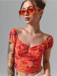 Bluzka z marszczeniami - wielobarwny. Bluzki damskie Sinsay, l, bez wzorów, z tiulu, bez kołnierzyka, bez ramiączek. Za 45.99 zł.