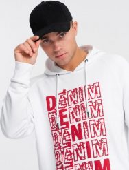 Ombre Nierozpinana męska bluza kangurka z kapturem i nadrukiem - biała V3 OM-SSPS-0158 XL. Białe bluzy męskie Ombre, m, bez wzorów, z kapturem. Za 49.99 zł.