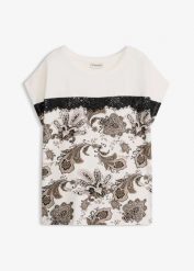 Koszulka oversize z koronkową tasiemką. Białe bluzki damskie bonprix, bez wzorów, z koronki, eleganckie, bez kołnierzyka. Za 32.99 zł.
