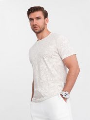 T-shirt męski fullprint w liście palmy - jasnobeżowy V1 - Rozmiar: M. Brązowe t-shirty męskie Ombre Clothing, m, bez wzorów, z bawełny, wizytowe, bez kołnierzyka. Za 129.99 zł.