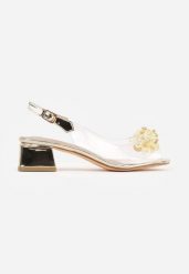 Złote Przezroczyste Sandały VICES na Słupku Ozdobione Cyrkoniami Sarlisa. Żółte sandały dziewczęce Renee, z satyny, bez zapięcia. Za 109.99 zł.