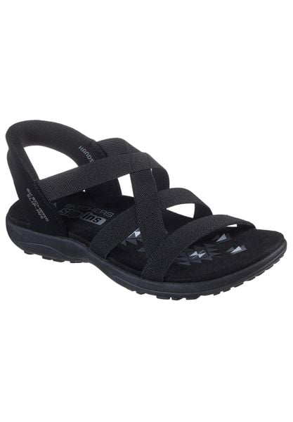 Sandały damskie Skechers Reggae Slim Stretch Flex. Czarne sandały damskie Skechers, bez wzorów, z materiału, bez obcasa, bez zapięcia. Za 289.99 zł.