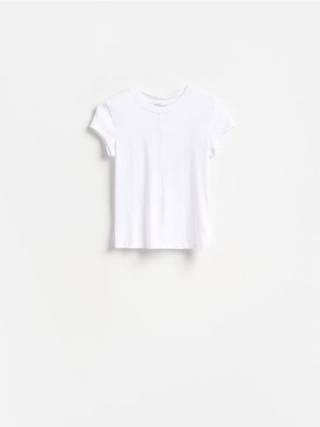T-shirt z modalem - biały. Białe t-shirty damskie Reserved, l, bez wzorów, z bawełny, bez kołnierzyka. Za 45.99 zł.