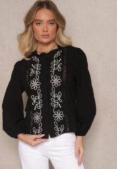 Czarna Koszula z Wiskozą Bawełną i Haftem Nalorielle. Czarne bluzki damskie Renee, l, z aplikacjami, z bawełny, eleganckie, bez kołnierzyka, bez ramiączek. Za 74.99 zł.