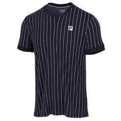 Koszulka sportowa męska Fila Stripes. Niebieskie koszulki sportowe męskie Fila, l, bez wzorów, z tkaniny, bez kołnierzyka, bez ramiączek, na fitness i siłownię. Za 339.00 zł.
