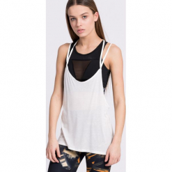 Reebok - Top. Szare topy damskie Reebok, z nadrukiem, z dzianiny, bez rękawów. W wyprzedaży za 49.90 zł.