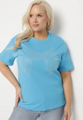 Niebieski T-shirt ze Wzorem z Cyrkonii Olisellea. Niebieskie bluzki damskie Born2be, xl, bez wzorów, z bawełny, bez kołnierzyka. Za 44.99 zł.