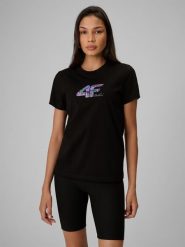 4F T-shirt regular z nadrukiem damski - czarny M. Czarne t-shirty damskie 4f, m, bez wzorów, z bawełny, wakacyjne, bez kołnierzyka. Za 59.99 zł.