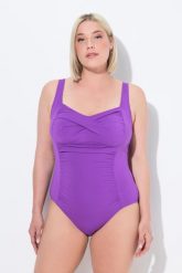 Damski Strój kąpielowy drapowanie miękkie miseczki regulowane ramiączka. Fioletowe kostiumy jednoczęściowe damskie Ulla Popken, plus size, bez wzorów, z elastanu, plus size, do pływania. Za 233.99 zł.