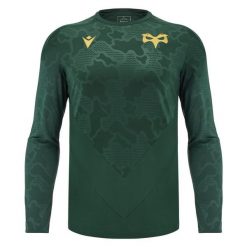 Treningowa koszulka z długim rękawem Ospreys 2024/25. Zielone koszulki sportowe męskie Macron, bez wzorów, z dresówki, bez kołnierzyka, bez ramiączek. Za 248.50 zł.