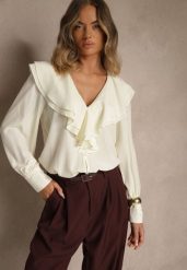 Jasnobeżowa Koszula Vices z Dekoltem z Falbanami i Bufiastymi Rękawami Zoiruna. Brązowe bluzki damskie Renee, l, bez wzorów, z jeansu, boho, bez kołnierzyka, bez ramiączek. Za 99.99 zł.