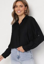 Czarna Koszula Oversize z Rękawami z Możliwością Podpięcia Sorria. Czarne bluzki damskie Born2be, m, bez wzorów, z jeansu, eleganckie, bez kołnierzyka, bez ramiączek. Za 49.99 zł.
