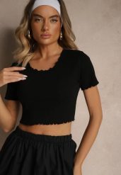 Czarny T-shirt z Bawełną z Prążkowanej Dzianiny Adlesse. Czarne bluzki damskie Renee, l, bez wzorów, z bawełny, bez kołnierzyka. Za 39.99 zł.
