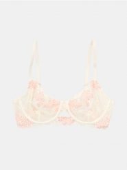 Koronkowy biustonosz z fiszbinami z motywem kwiatowym - różowy. Czerwone biustonosze Sinsay, bez wzorów, z koronki. Za 25.99 zł.