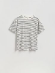 T-shirt regular w paski - biały. Białe t-shirty męskie Reserved, l, bez wzorów, z bawełny, bez kołnierzyka. W wyprzedaży za 59.99 zł.