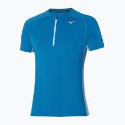 Koszulka do biegania męska Mizuno Trail DryAeroFlow Half Zip Tee. Niebieskie koszulki sportowe męskie Mizuno, m, bez wzorów, z materiału, bez kołnierzyka, bez ramiączek, do biegania. Za 139.99 zł.