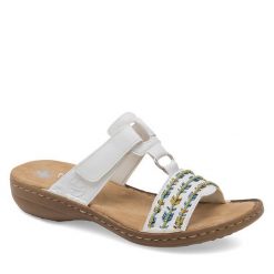 Klapki Rieker. Białe klapki damskie Rieker, bez wzorów, bez obcasa. Za 279.99 zł.