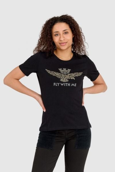 AERONAUTICA MILITARE Czarny bawełniany t-shirt damski z orłem wykonanym z dżetów, Rozmiar S. Czarne t-shirty damskie Aeronautica Militare, s, bez wzorów, z bawełny, bez kołnierzyka. W wyprzedaży za 219.99 zł.