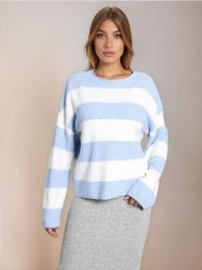 Sweter w paski - błękitny. Niebieskie swetry damskie Sinsay, l, bez wzorów, bez kołnierzyka, bez ramiączek, bez kaptura. Za 49.99 zł.