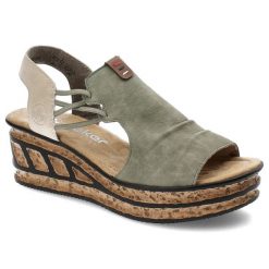 Zielone Sandały Rieker Modne Obuwie Damskie. Zielone klapki damskie Rieker, bez wzorów, ze skóry, bez obcasa, na koturnie. Za 319.00 zł.